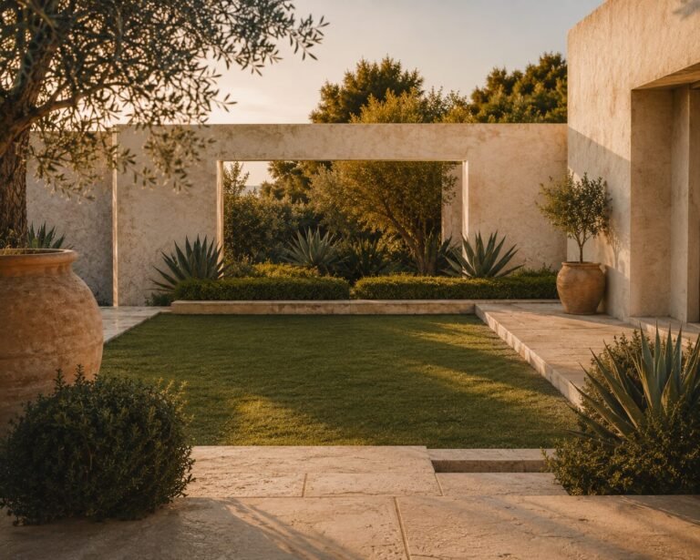 A small rectangle of flawless green artificial grass in a walled courtyard, edged with pale stone and framed by olive trees and agaves in terracotta pots