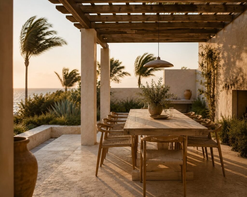 An outdoor dining table sheltered under a timber pergola beside the sea, with palms bending hard in steady trade wind just beyond the shelter