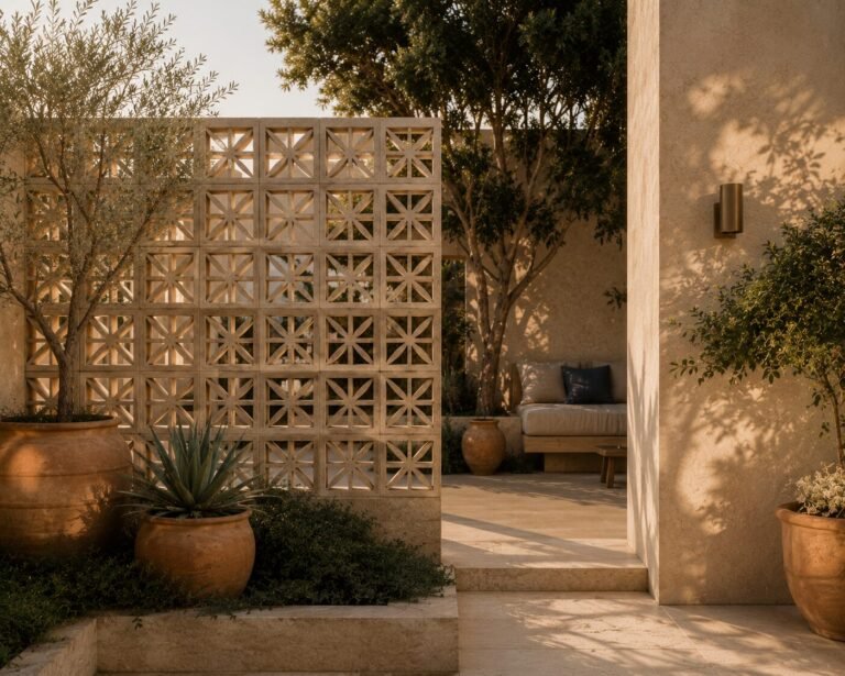 A breeze block screen wall in a star pattern dividing a courtyard, filtering light through to a shaded seating area, with olive trees and agaves in terracotta pots