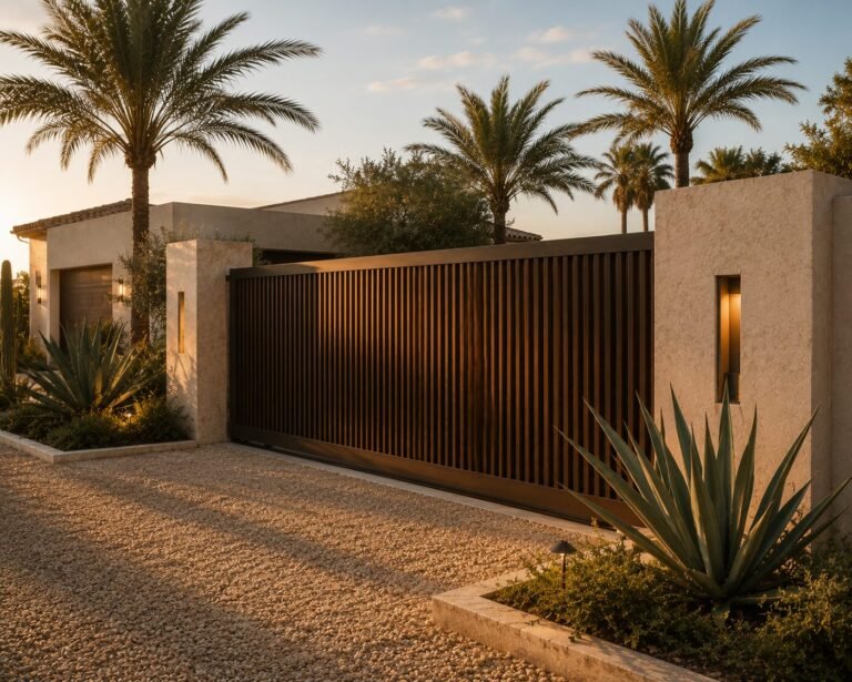 A wide slatted sliding driveway gate between rendered stone piers at dusk, opening onto a gravel drive with agaves and palms alongside