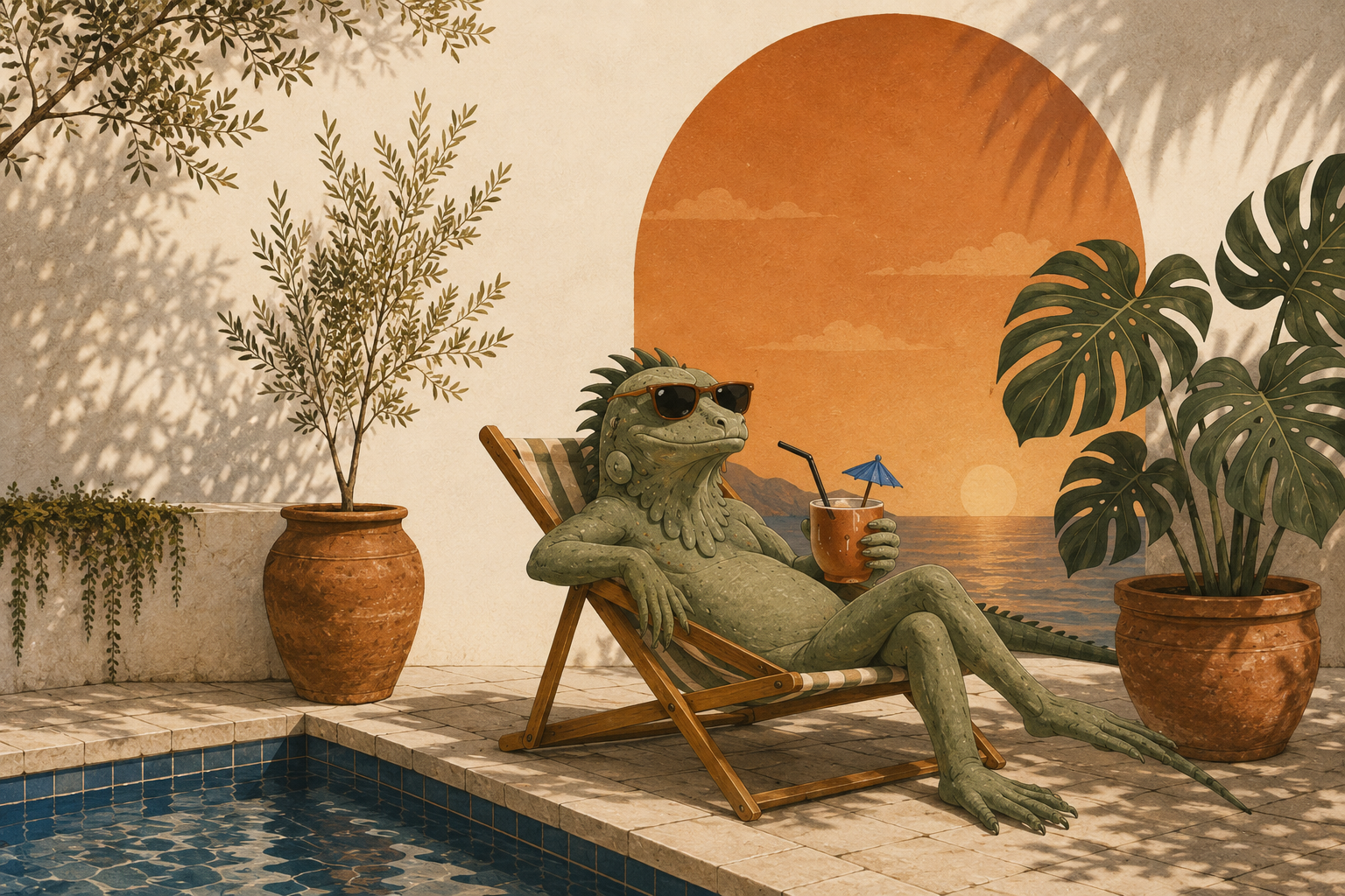 Illustrated iguana relaxing in a tropical courtyard with terracotta pots and an arched doorway