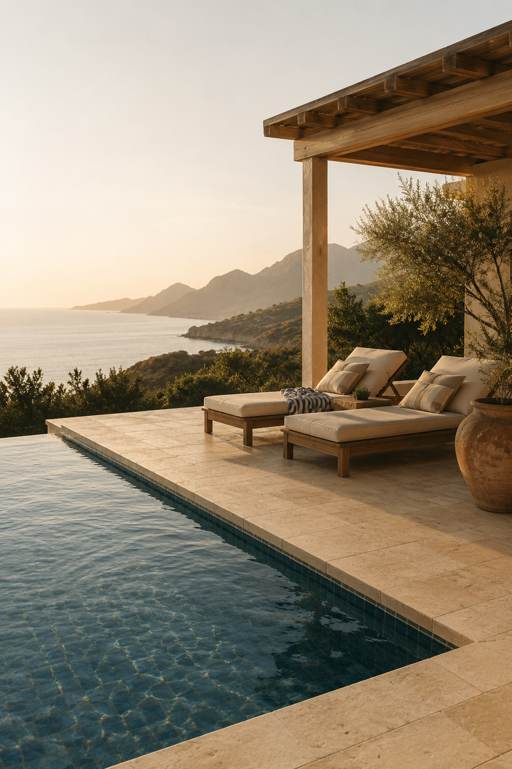 Narrow pool beside a shaded terrace at golden hour