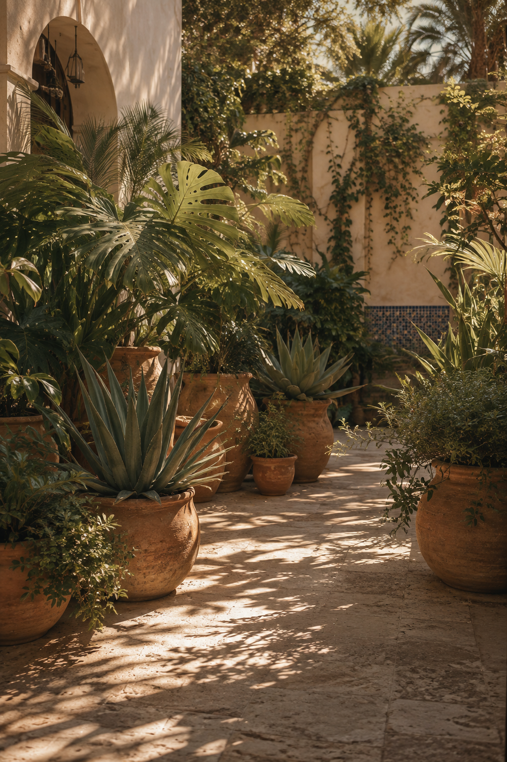 Lush green courtyard garden with layered planting and stone paving