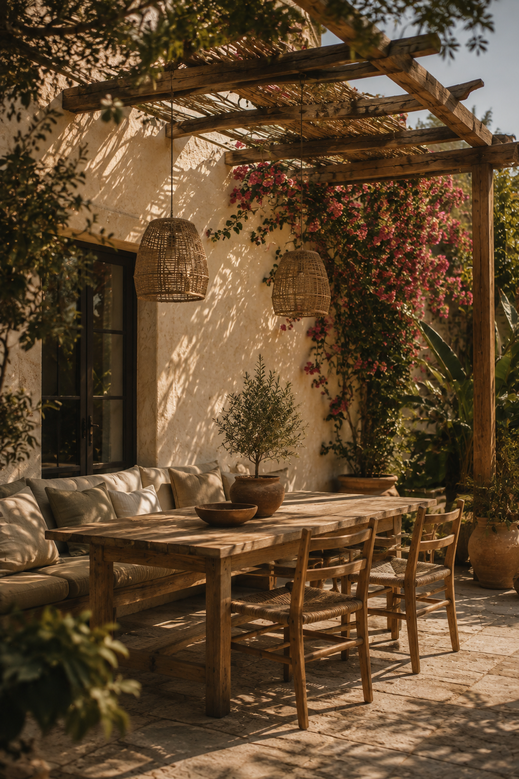 Mediterranean courtyard with an arched doorway and climbing greenery