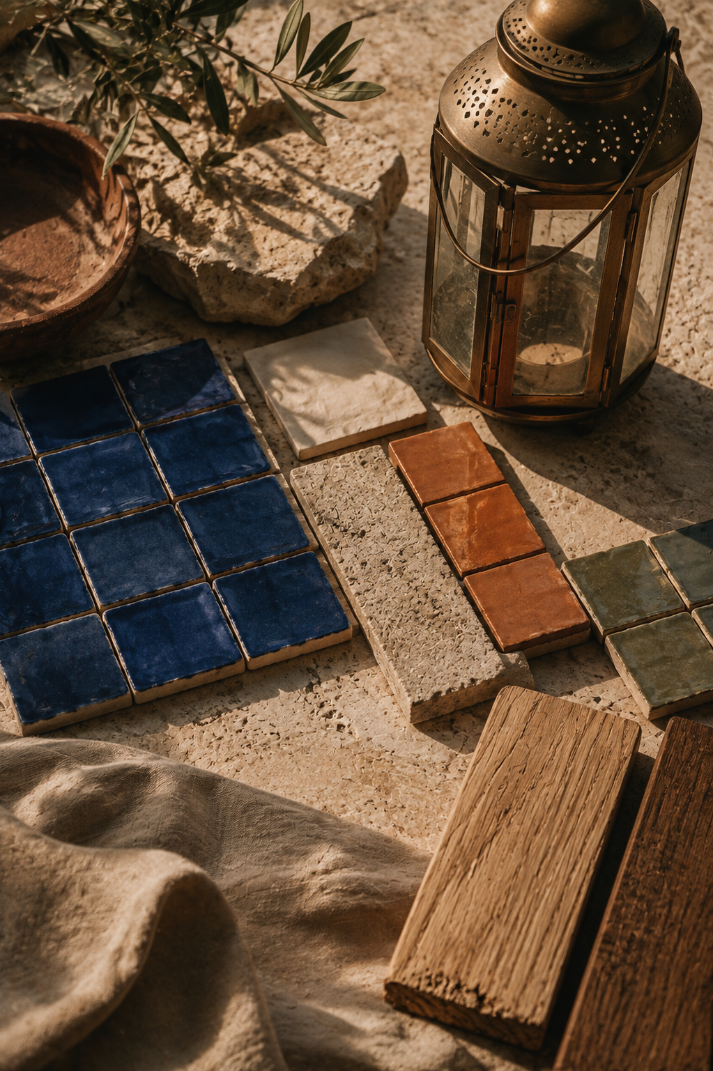 Blue and terracotta patterned floor tiles in warm sunlight
