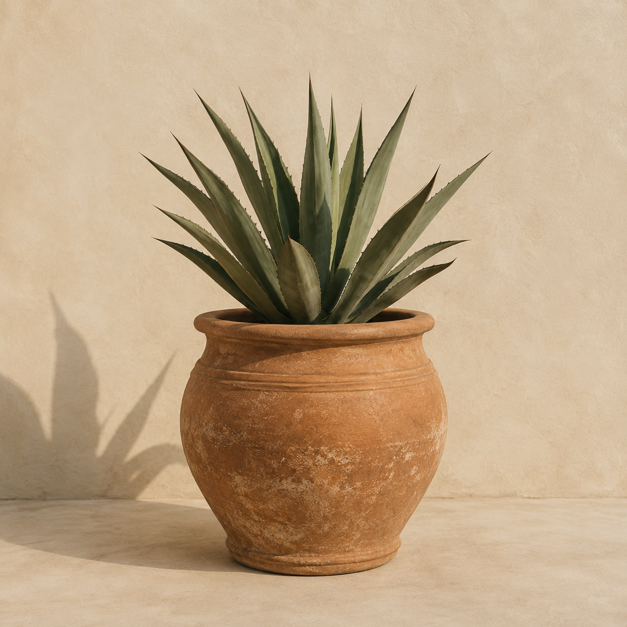 Large terracotta planter holding an agave on a stone floor