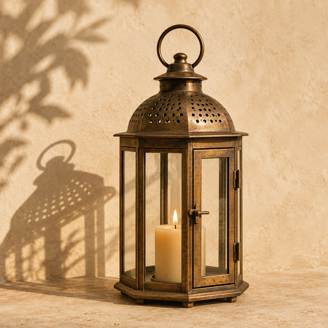 Aged brass lantern with a lit candle against a warm wall