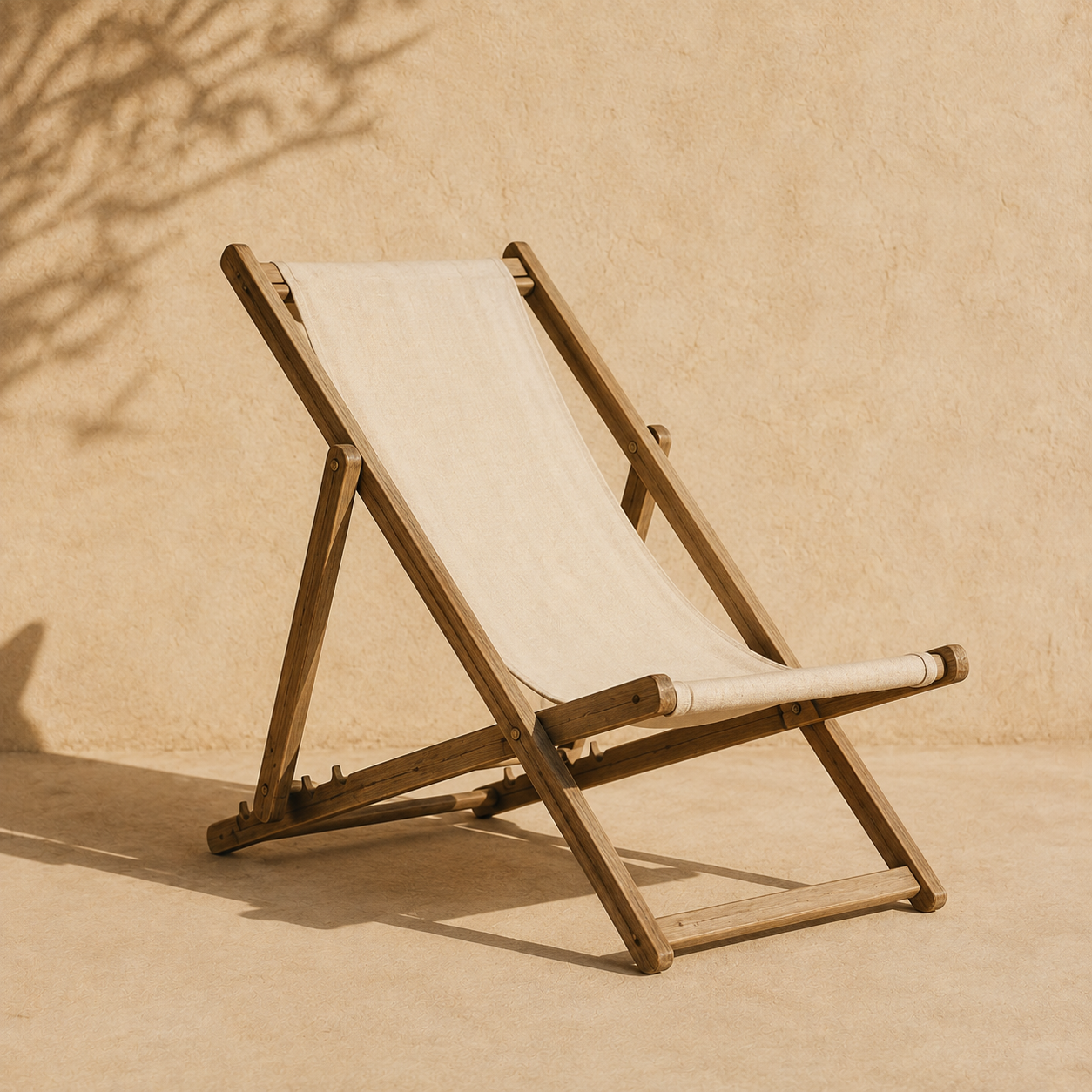 Folding wooden and canvas deck chair on a sunlit terrace