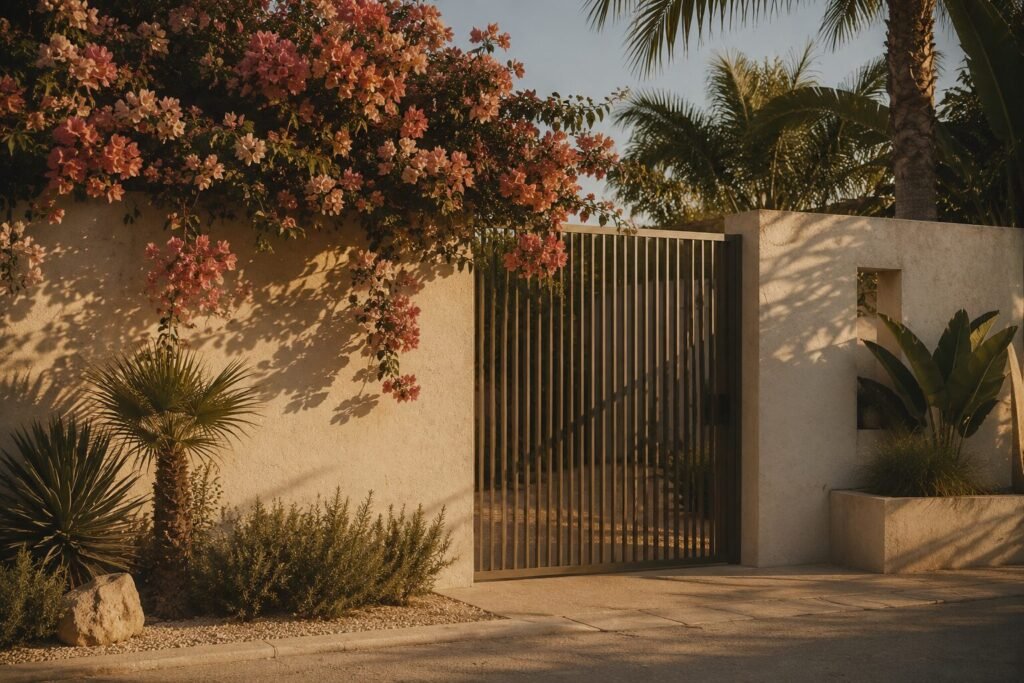 A slatted metal pedestrian gate set into a rendered wall, with bougainvillea flowering over the top and a fan palm beside it