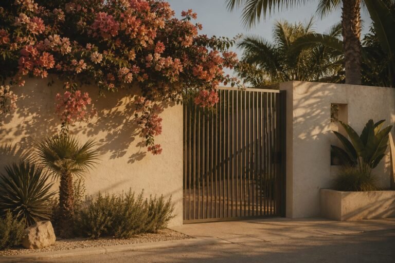 A slatted metal pedestrian gate set into a rendered wall, with bougainvillea flowering over the top and a fan palm beside it