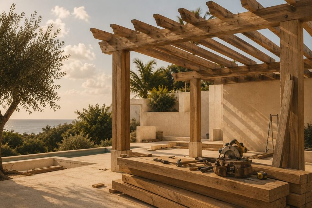 A timber pergola under construction beside a pool, with carpentry tools and stacked beams laid out on the terrace and the sea beyond
