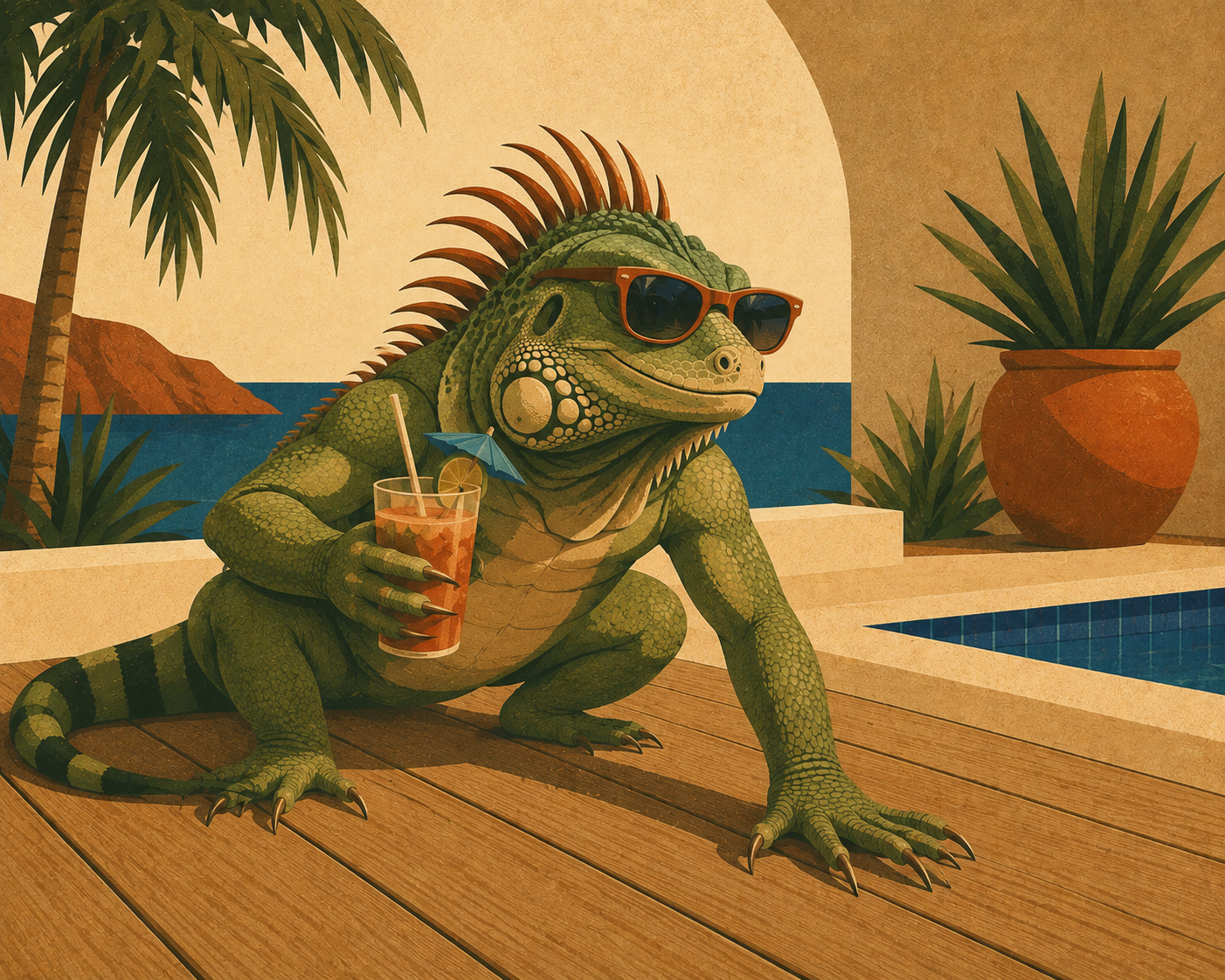 Illustrated Garden Design Co. iguana in sunglasses crouched on freshly sanded decking boards, cold drink in hand