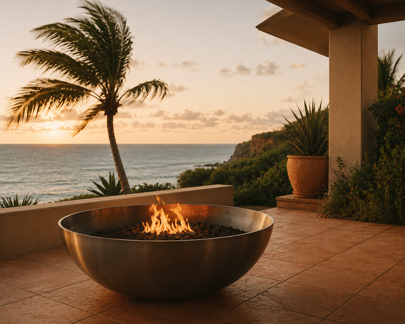 Illustrated green iguana in sunglasses relaxing beside a fire bowl on a terrace at sunset