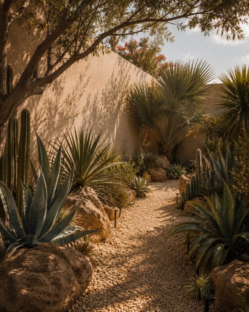 A low-maintenance garden of agaves, cactus and fan palms in gravel beside a rendered wall, planted in repeated groups so it needs almost no watering