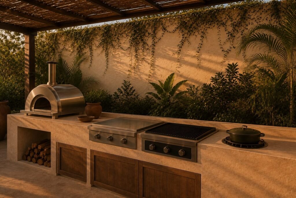 An outdoor kitchen under a pergola with a plancha, grill, ring burner and a standalone countertop pizza oven, with open counter space between them