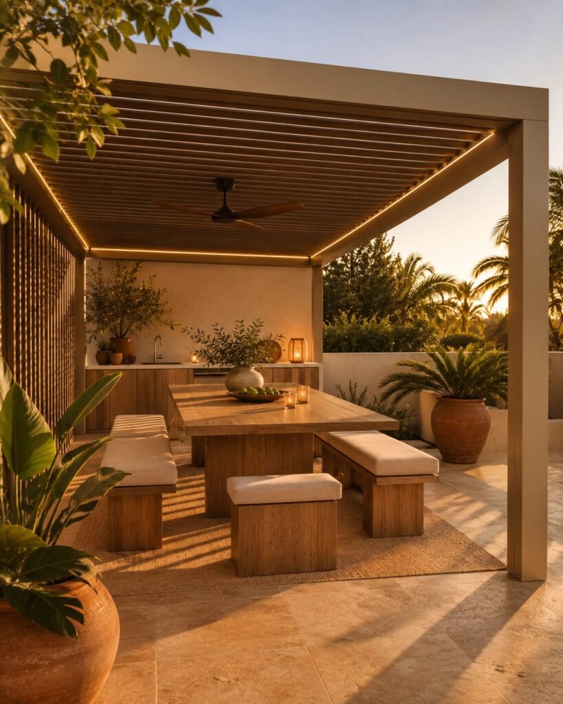 A pergola with a slatted roof casting striped shade over an outdoor dining table and benches at sunset, showing how a pergola turns open ground into an outdoor room