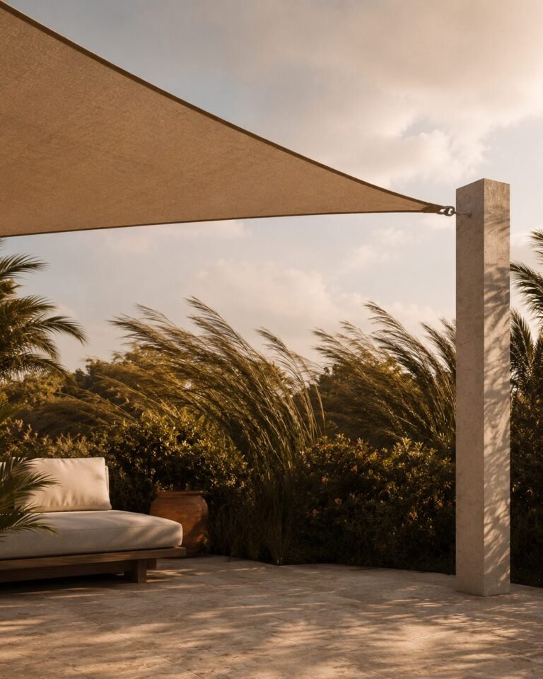 A triangular shade sail pulled taut to a stone post above a patio, with ornamental grasses bending in steady trade wind behind it