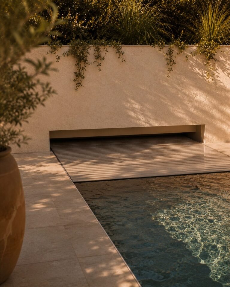 A slatted pool cover half-retracted into a recessed housing beside a pool, with a terracotta pot and planting on the wall above