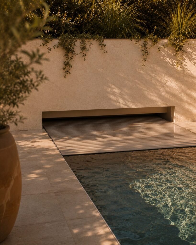 A slatted pool cover half-retracted into a recessed housing beside a pool, with a terracotta pot and planting on the wall above