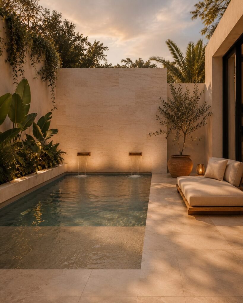 A small plunge pool set into a walled courtyard with water spouts, a low daybed and an olive tree in a terracotta pot at dusk