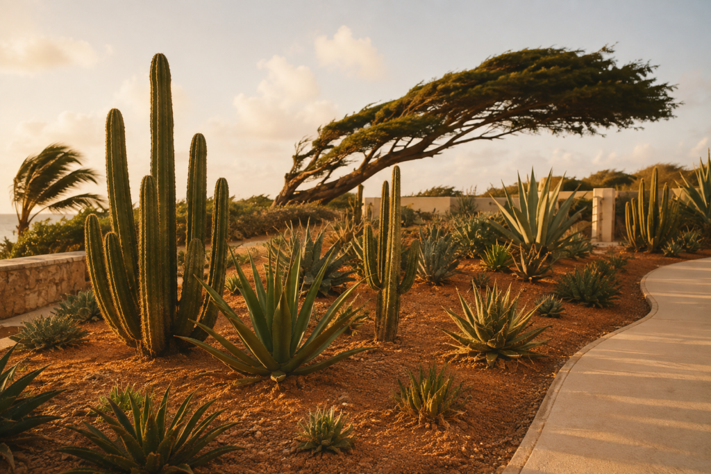 Coral-soil garden in Aruba planted with kadushi cactus, aloe and a windswept watapana tree under trade wind skies