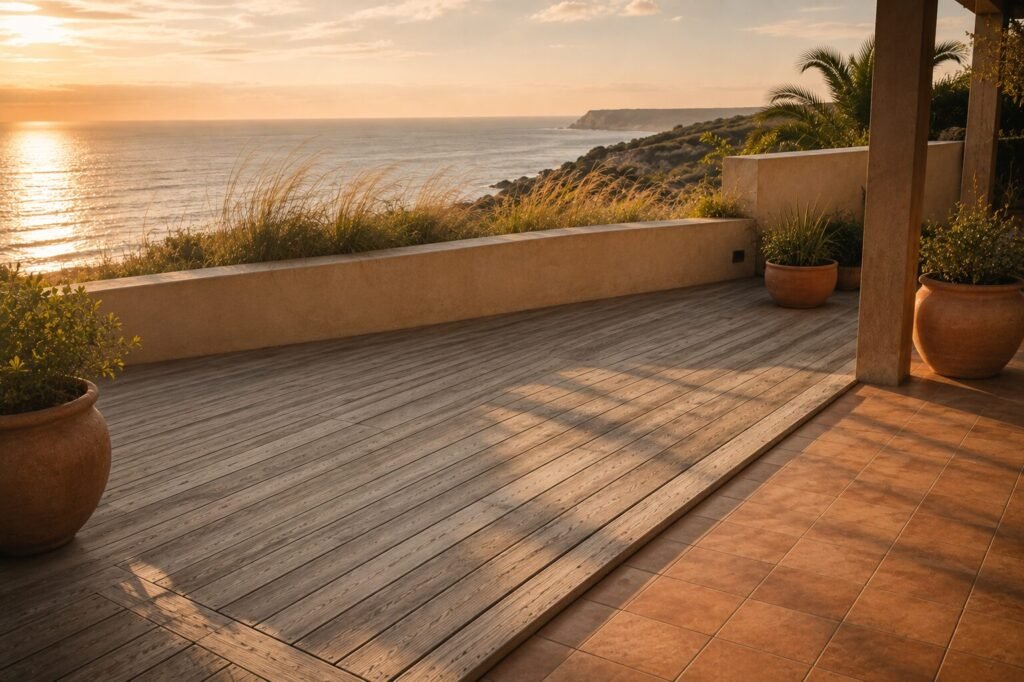 Weathered hardwood decking transitioning to a terracotta patio at sunset with ocean views, illustrating decking material choices for coastal climates