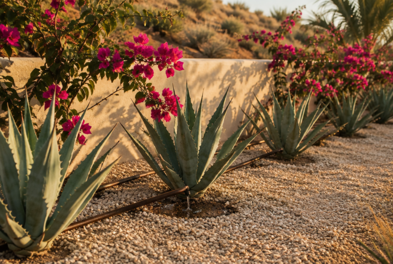 A dark drip irrigation line running low through pale gravel at the base of a row of agaves and bougainvillea, one emitter wetting a dark circle of soil beside a cream stucco wall