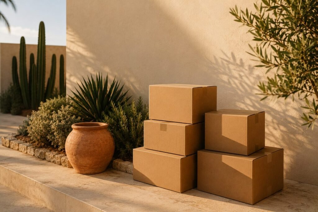 A stack of unopened cardboard shipping boxes on a pale stone terrace beside a terracotta pot, cactus and olive foliage in warm morning light