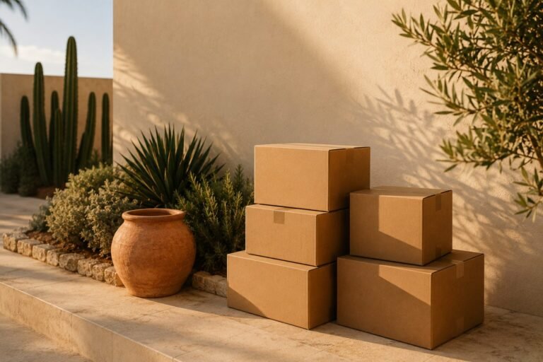 A stack of unopened cardboard shipping boxes on a pale stone terrace beside a terracotta pot, cactus and olive foliage in warm morning light