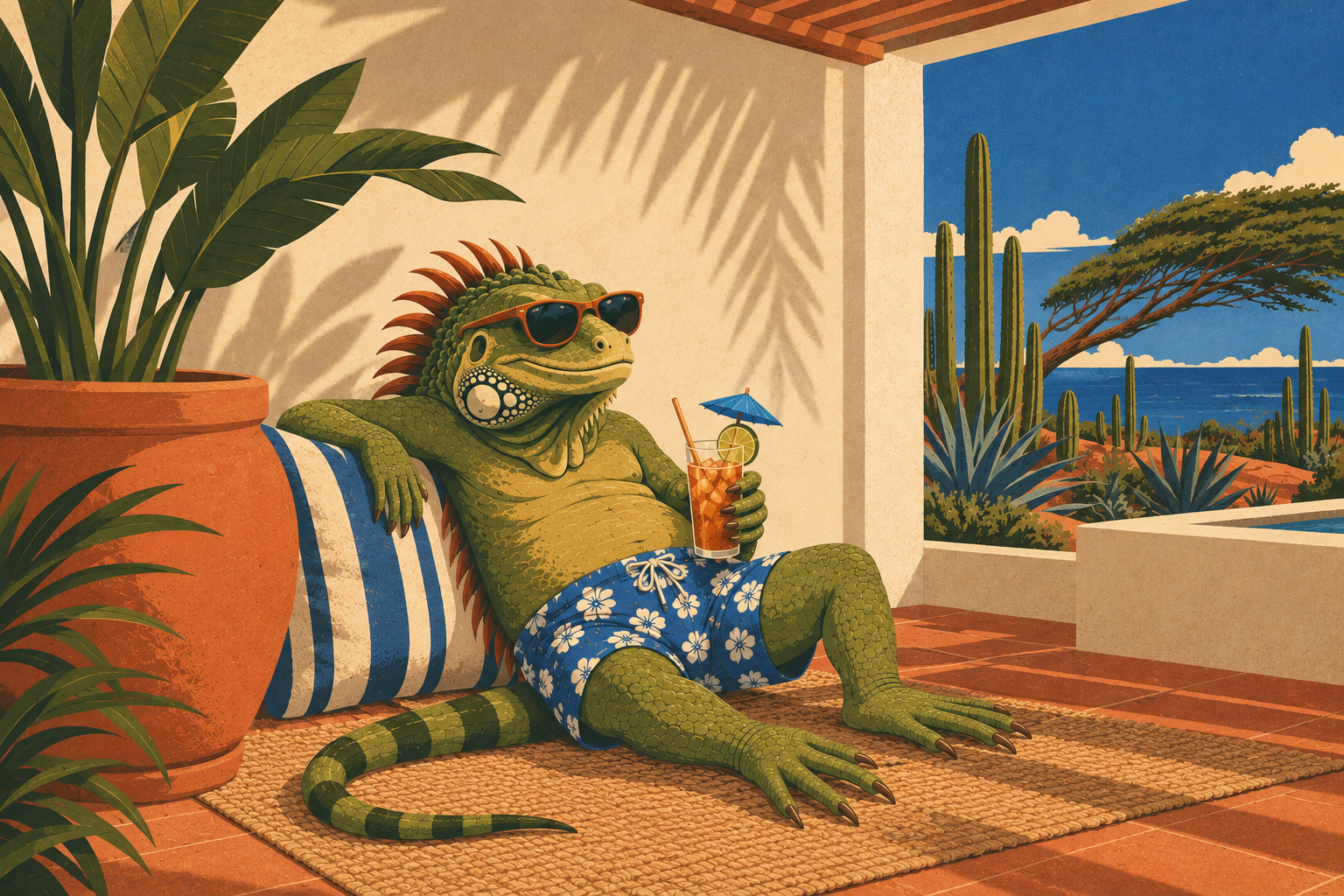 A relaxed green iguana in sunglasses and floral swim trunks lounges with a cold drink on a shaded patio, cacti and ocean visible beyond