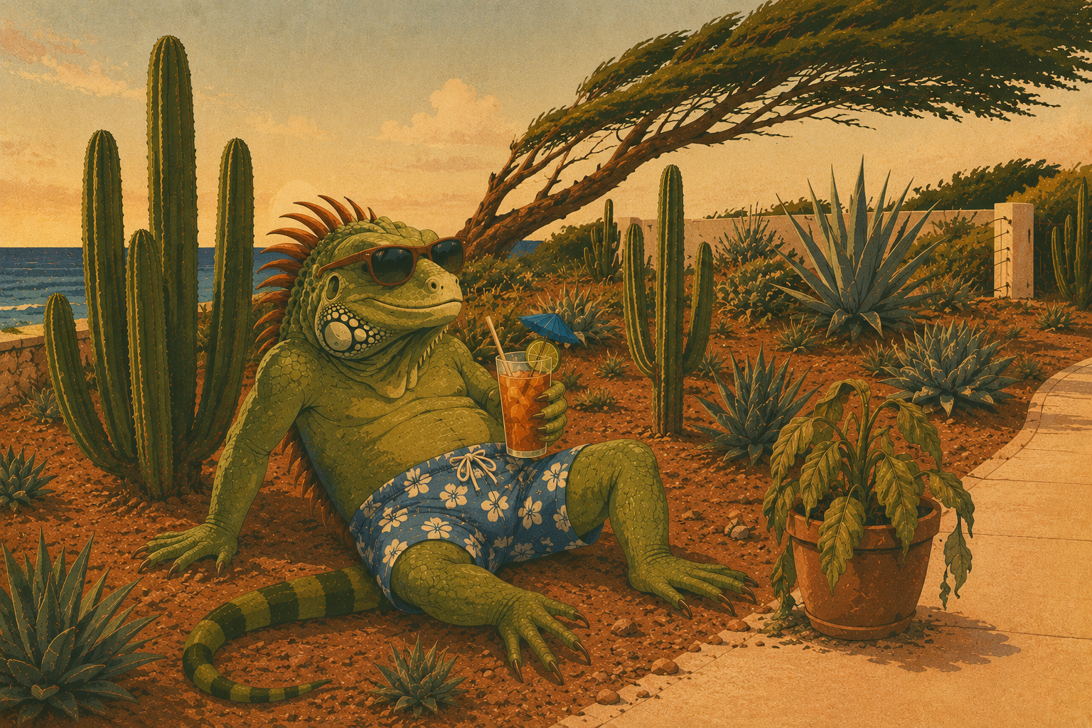 Illustrated iguana in sunglasses lounging on a cactus bed with a drink, beside a wilted imported potted plant