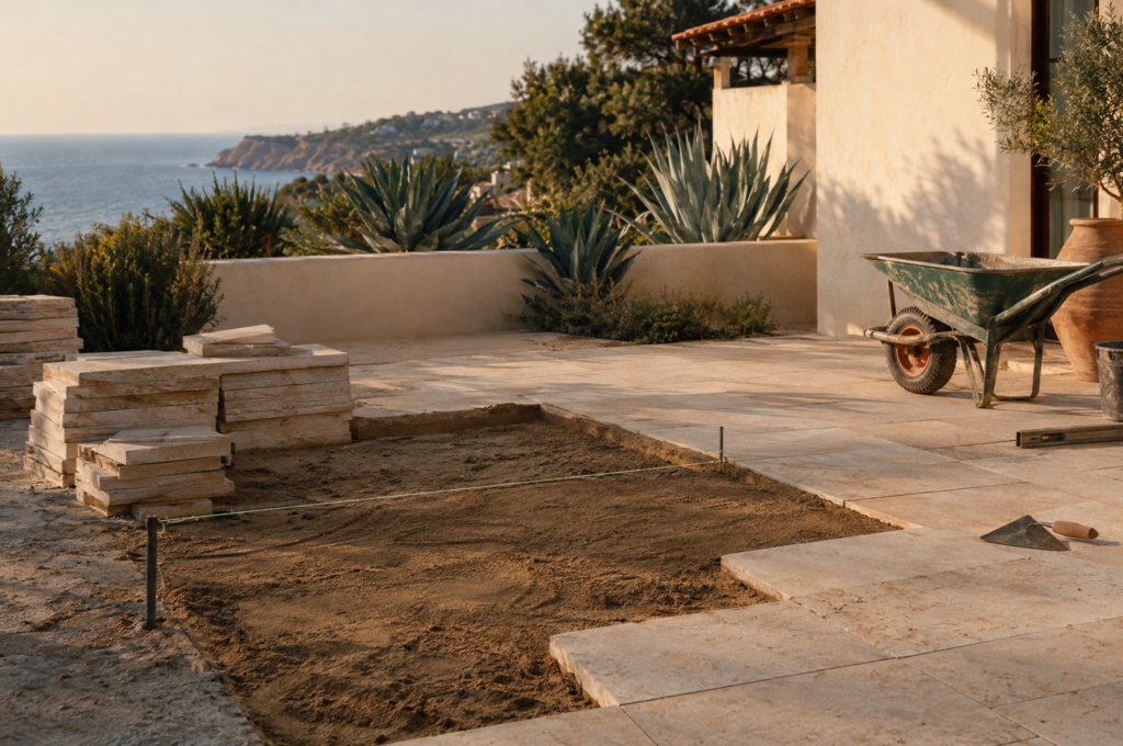 A half-built terrace at golden hour with pale stone pavers stacked to one side, a screeded sand bed, a taut string line marking the level and a wheelbarrow set aside