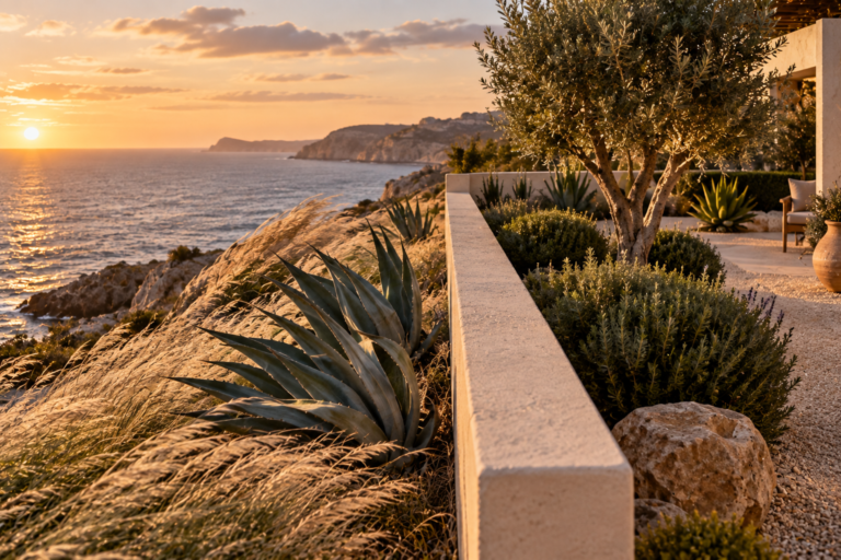 A low stone wall on a coastal slope with grasses and agave flattened by wind on the seaward side and rosemary and an olive tree standing upright in the sheltered garden behind it