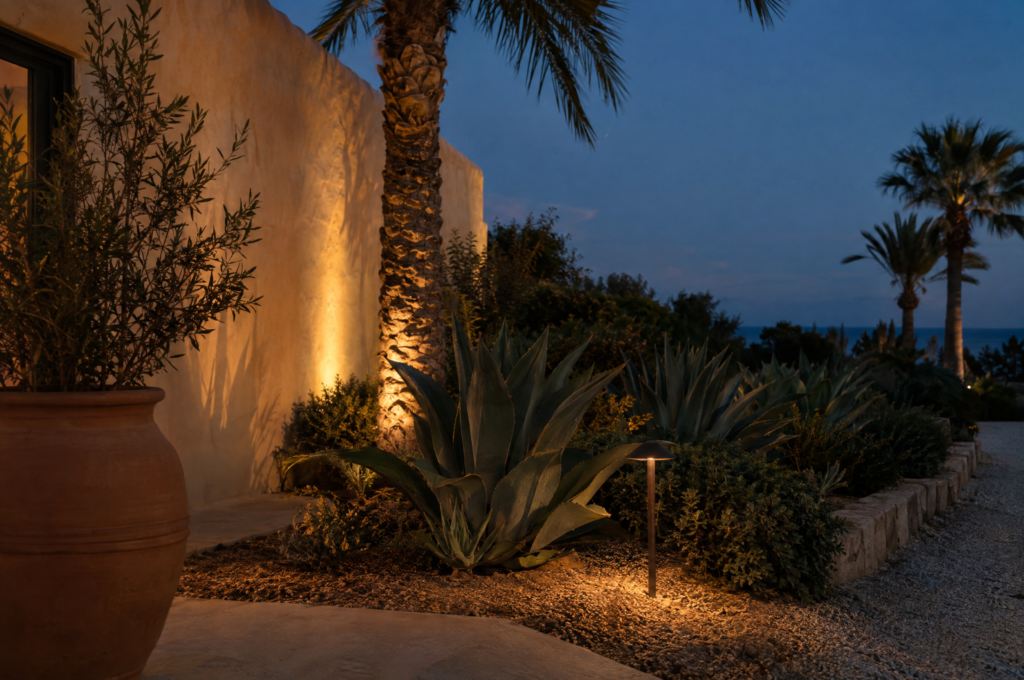 A low bronze path light casting warm light onto gravel beside agaves at dusk, with a discreet uplight grazing a cream stucco wall and a palm trunk