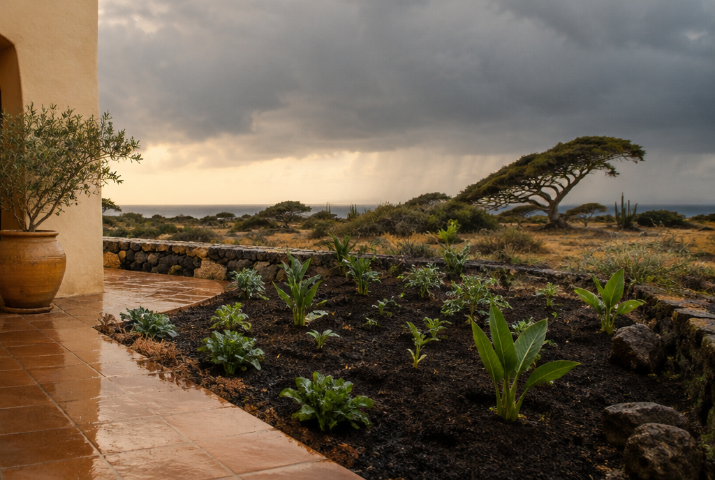 A freshly planted bed of dark damp soil beside a terracotta path, young seedlings newly set in, with heavy rain clouds building over dry scrub and a wind-bent divi-divi tree in the distance