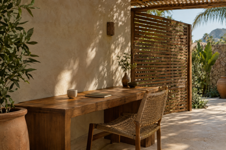 A timber desk and woven chair in a sheltered courtyard corner under a slatted pergola, with a slatted timber screen breaking the wind and dappled shadow across the desk