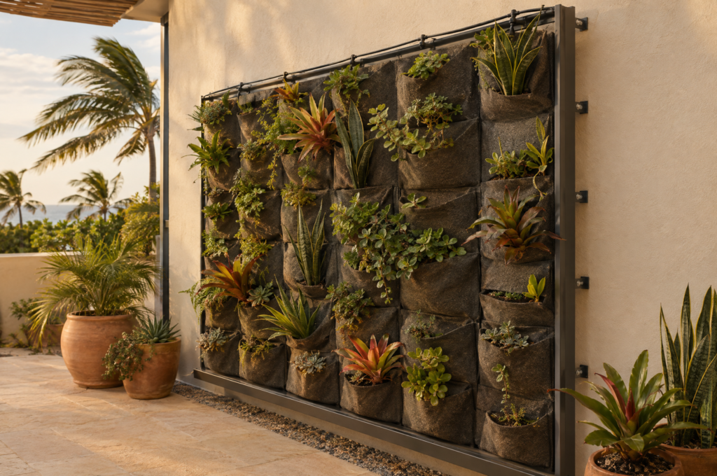 A vertical garden mounted on an aluminum frame standing off a cream stucco wall, with a ventilated air gap, modular planting pockets of succulents and bromeliads, a drip line along the top rail and a drainage tray at the base